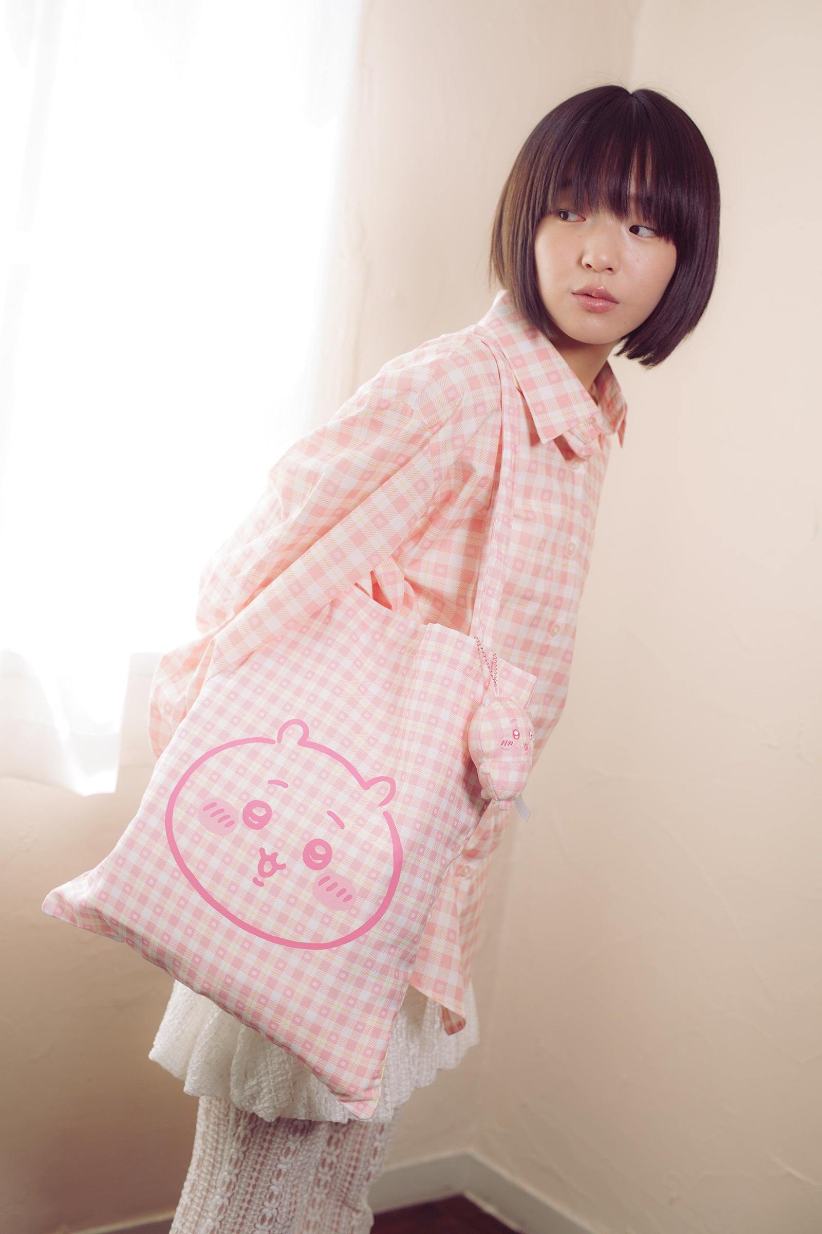 ちいかわ チェックシリーズ トートバッグ（チャーム付き） ちいかわ ピンク