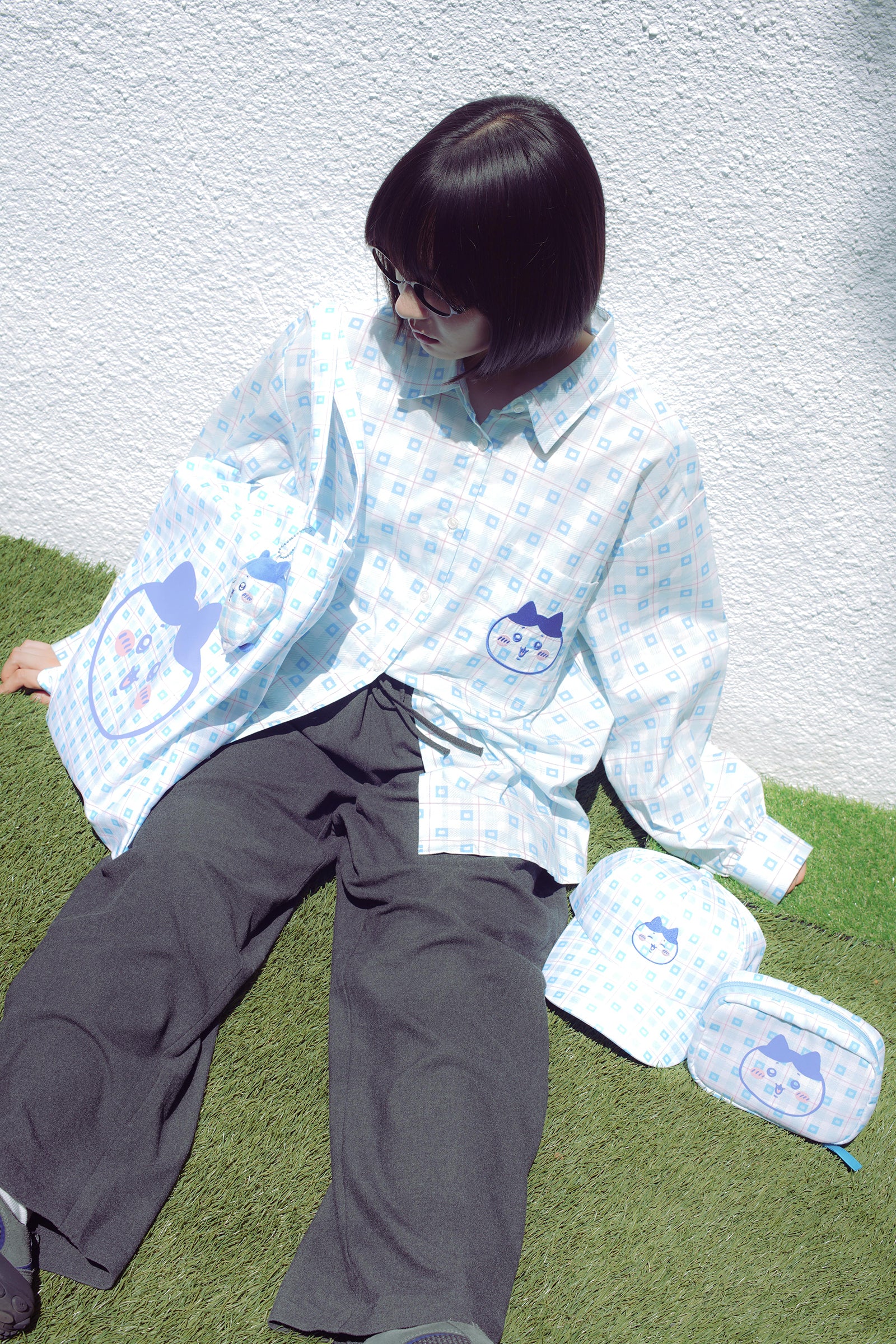 ちいかわ チェックシリーズ シャツ ハチワレ ブルー