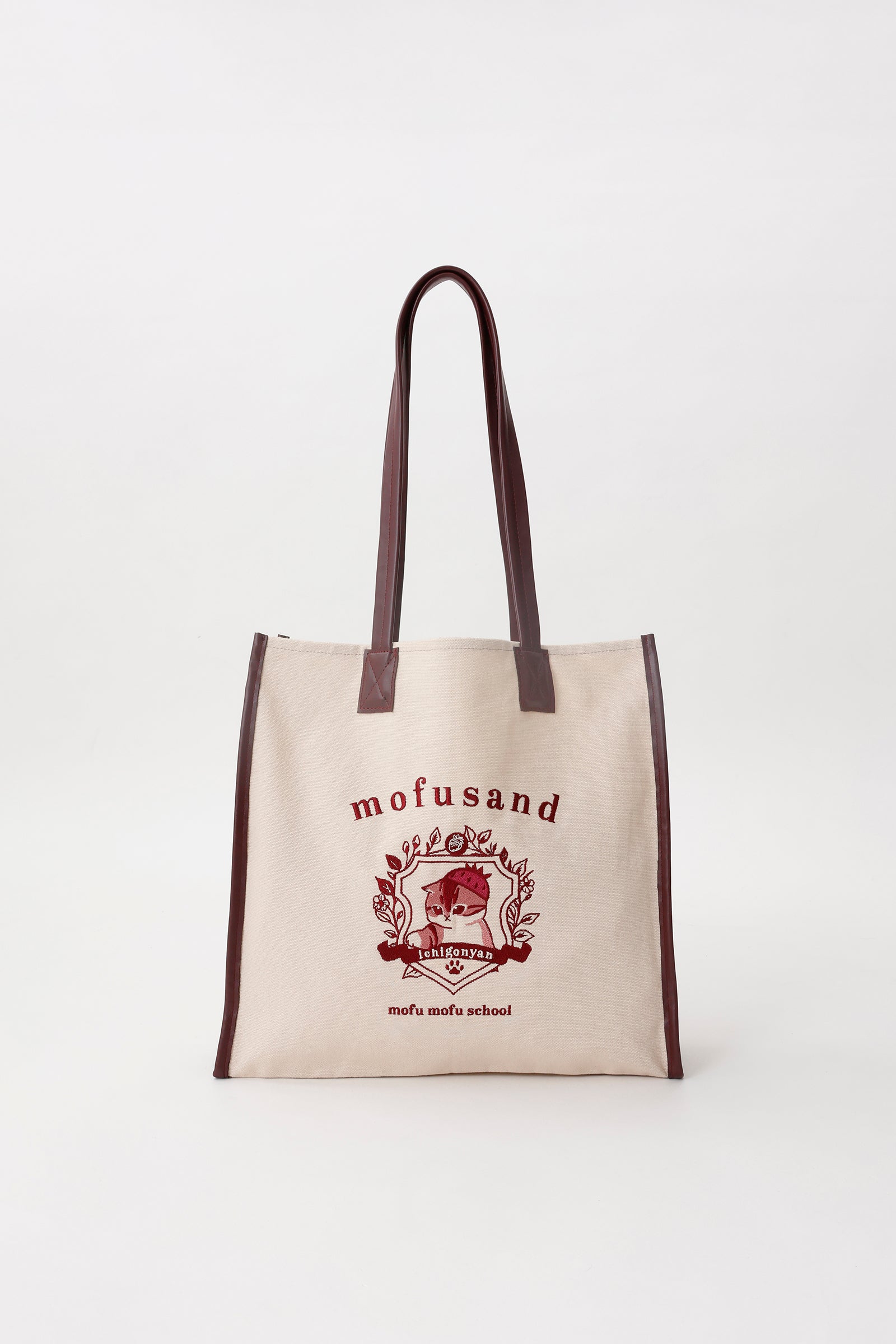 【2BUY10%OFF対象商品】mofusand トートバッグ カレッジ風いちごにゃん ローズブラウン