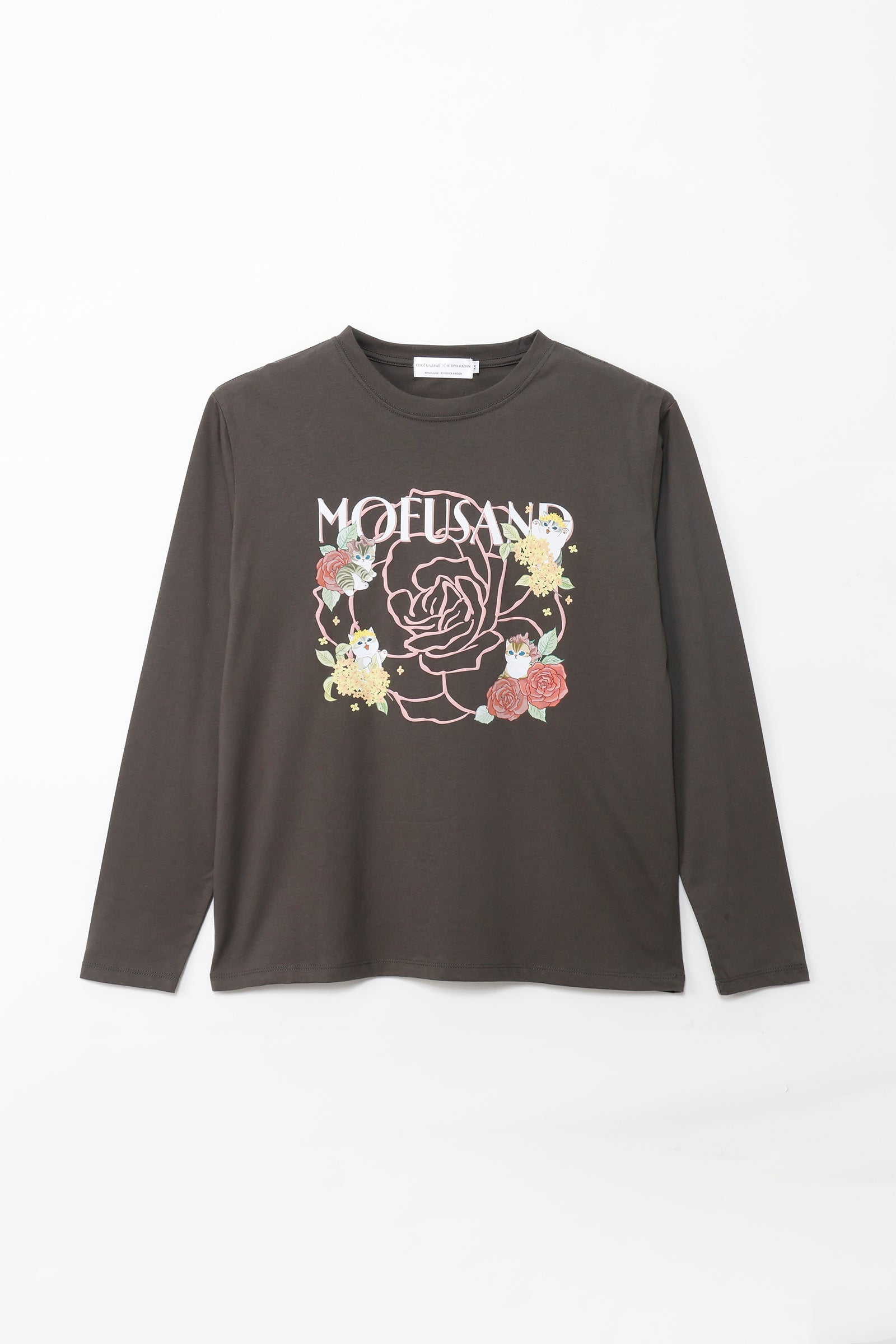 mofusand×日比谷花壇 長袖Tシャツ バラ柄 スミクロ