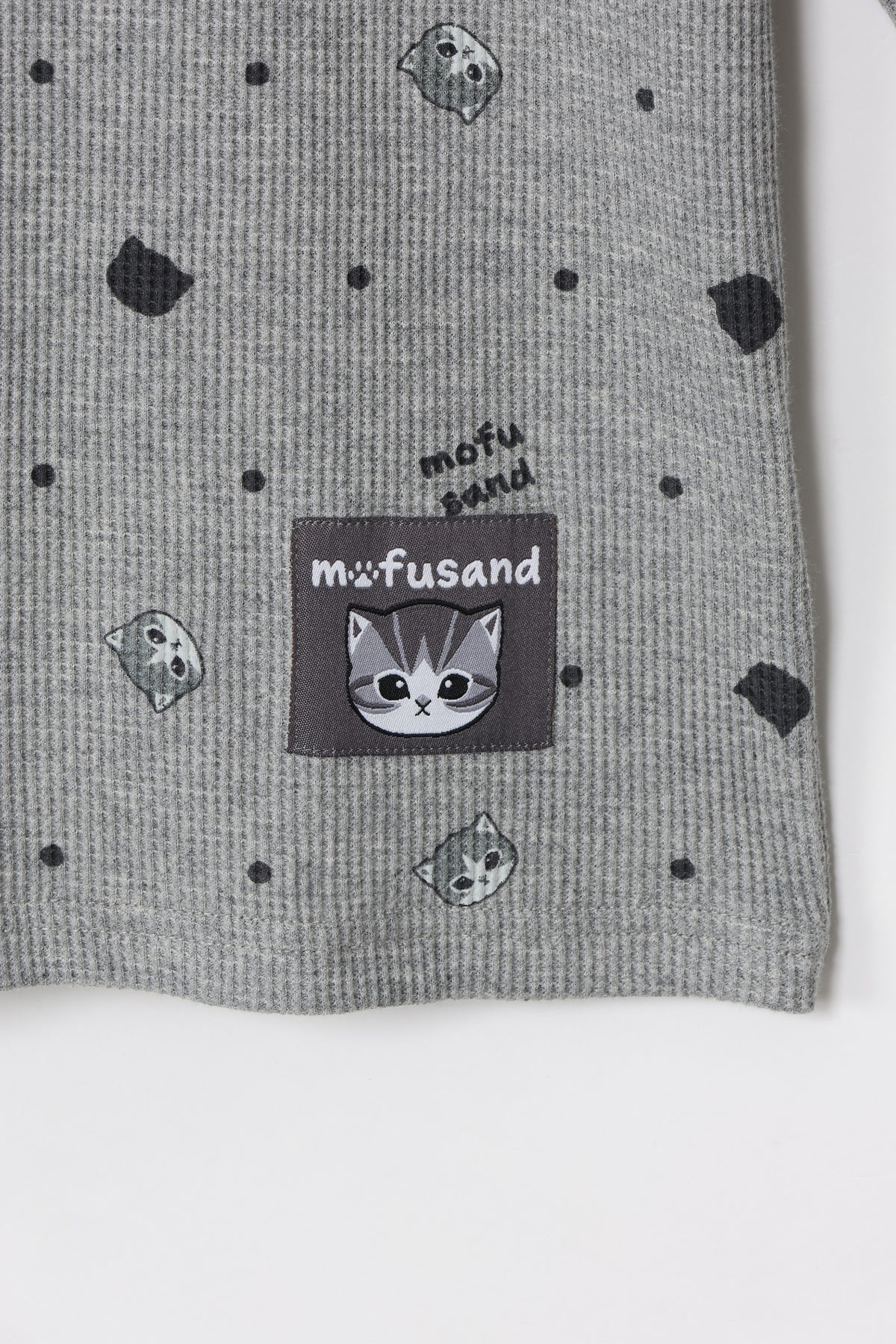 mofusand ワッフル長袖Tシャツ ドット柄 グレー